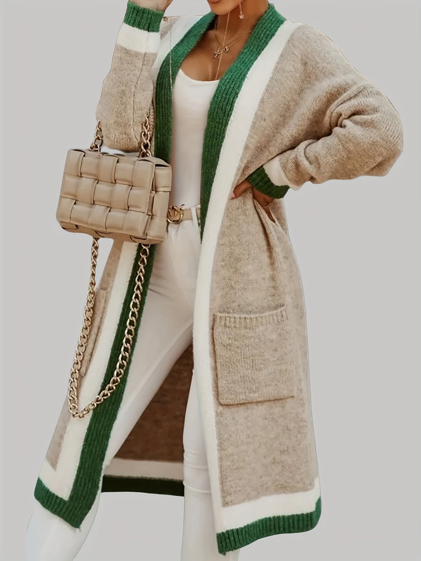 Women’s Long Striped-Trim Open-Front Knit Cardigan