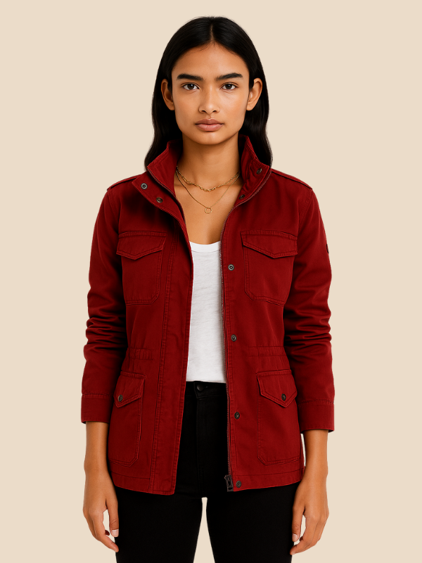 Women’s Casual Utility Jacket with Zipper and Pockets