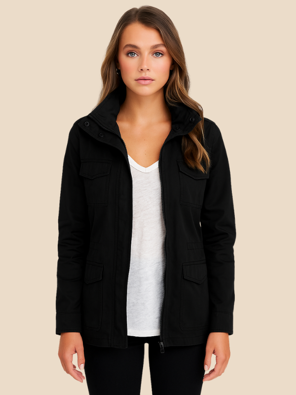 Women’s Casual Utility Jacket with Zipper and Pockets