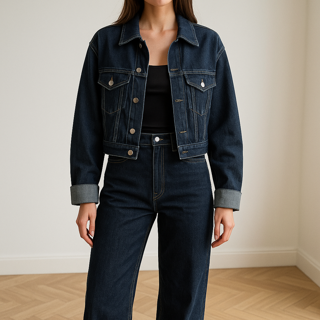 Dark Wash Denim Jacket and Wide-Leg Pants Set