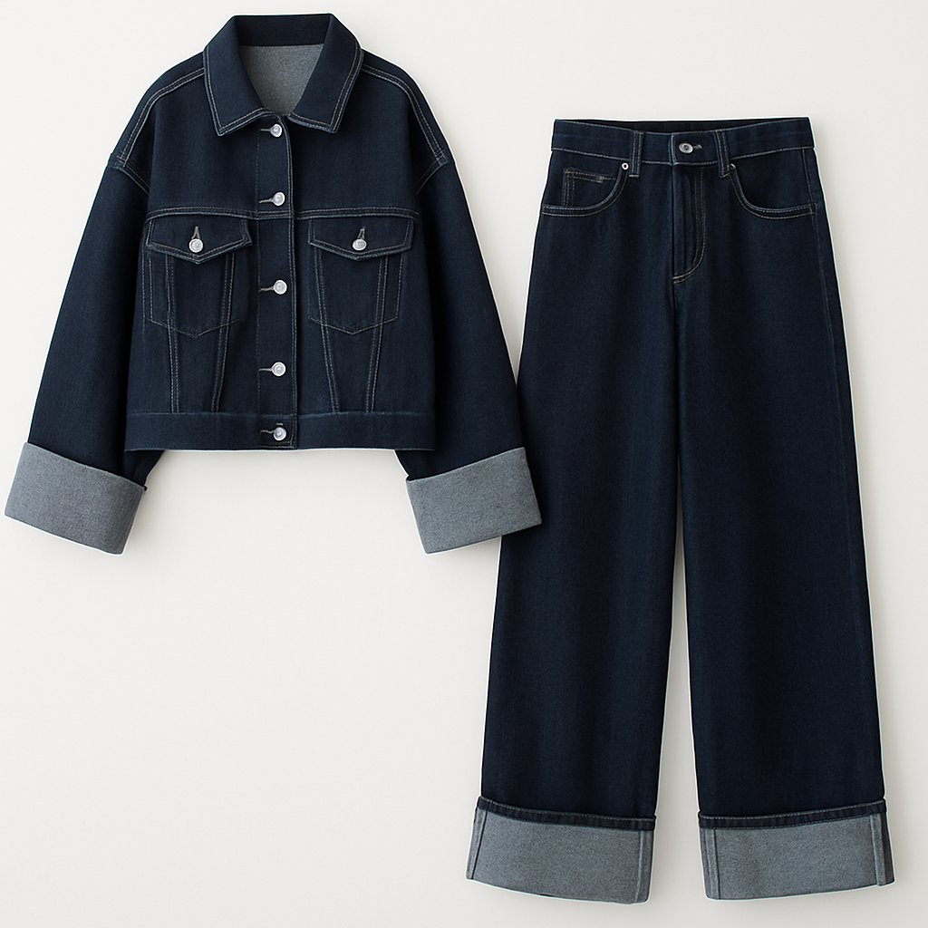 Dark Wash Denim Jacket and Wide-Leg Pants Set