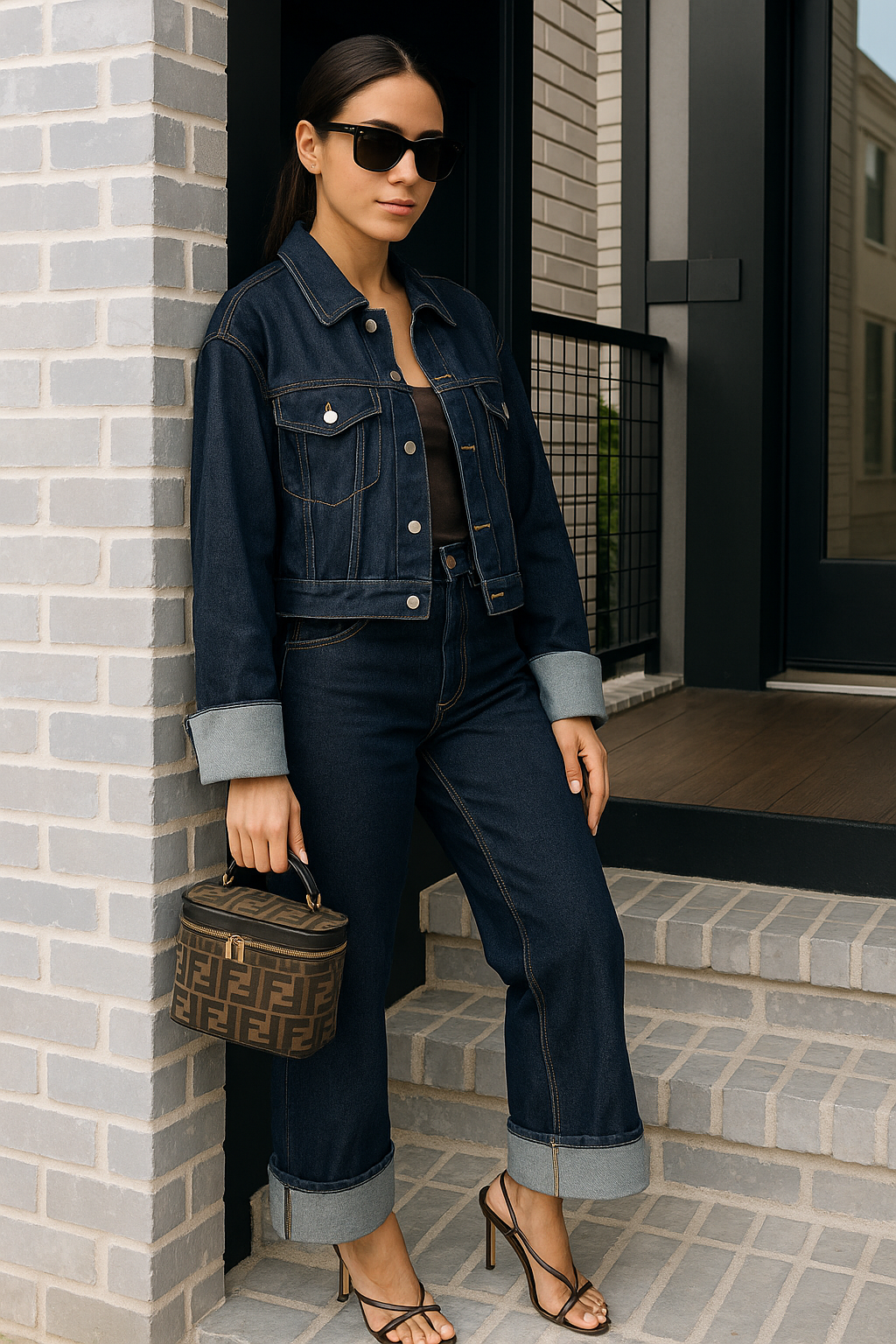 Dark Wash Denim Jacket and Wide-Leg Pants Set