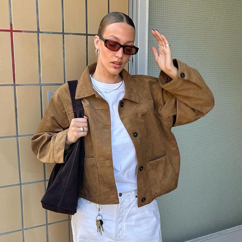 Suede Cropped Button Jacket for Women