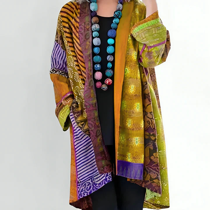 Artistic Patchwork Open-Front Kimono Cardigan in Teal & Green