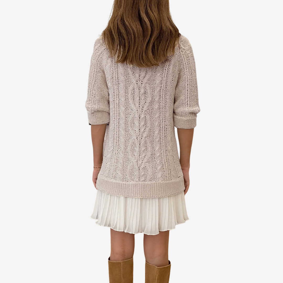 Cable Knit Sweater Dress with Layered Hem