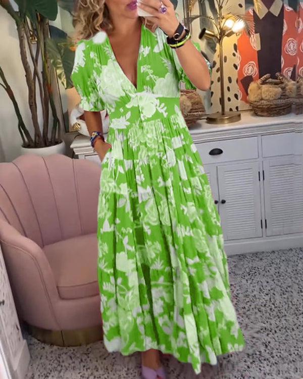 Floral V-Neck Short-Sleeve Boho Maxi Dress for Women