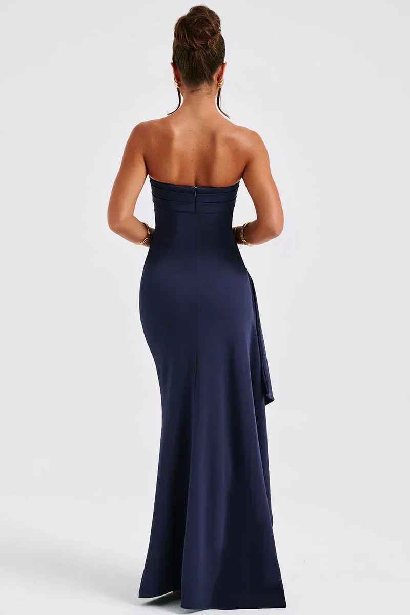 Strapless Ruched Evening Maxi Dress with High Slit