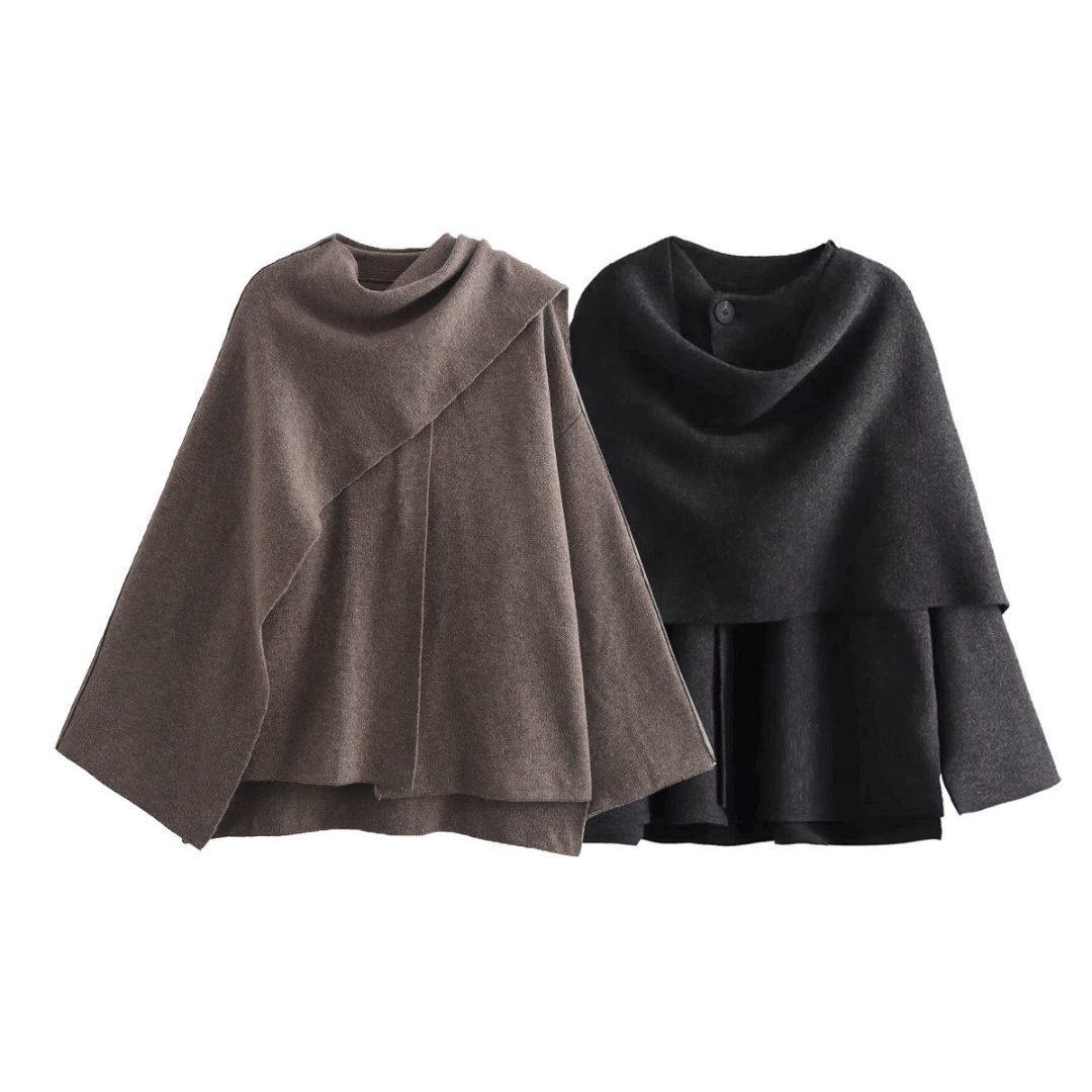 Elegant Wool-Blend Cape Poncho with Oversized Cowl Neck
