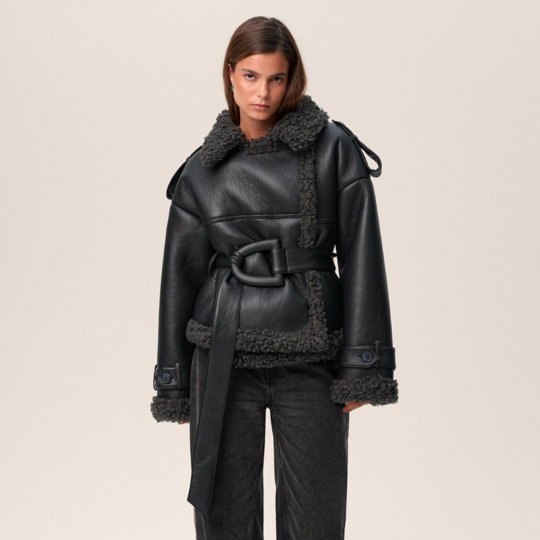 Oversized Faux Leather Shearling Jacket with Belted Waist