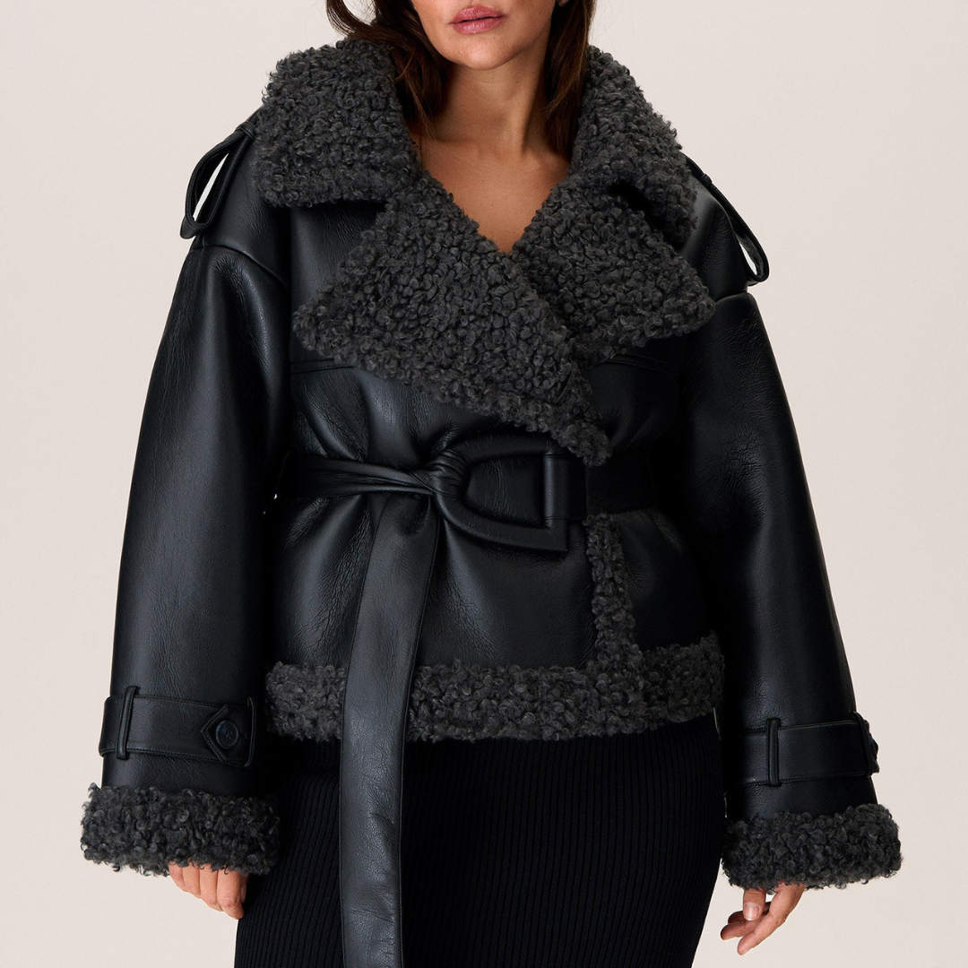 Oversized Faux Leather Shearling Jacket with Belted Waist