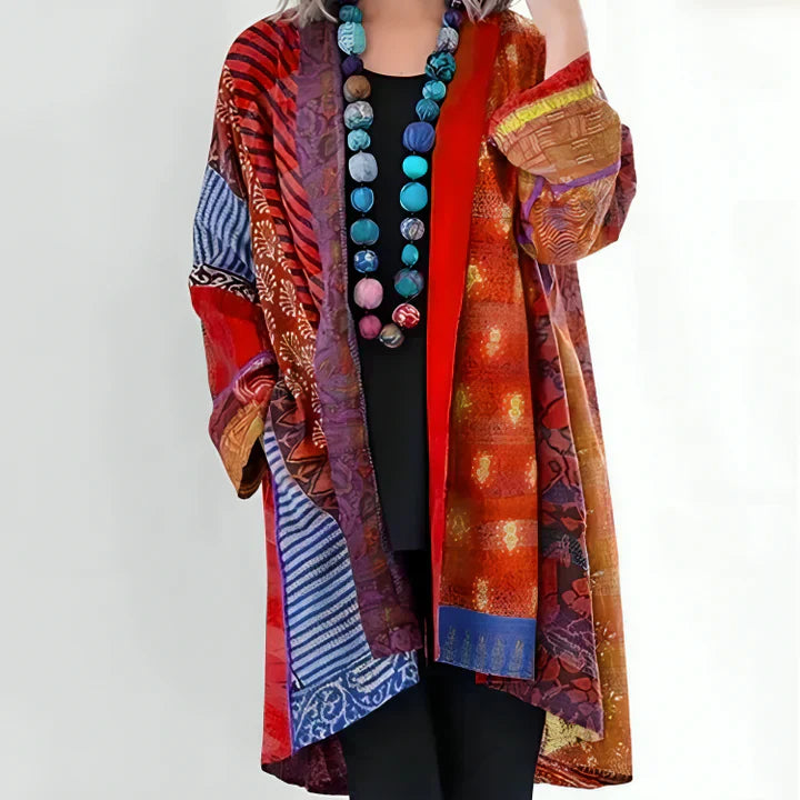 Artistic Patchwork Open-Front Kimono Cardigan in Teal & Green