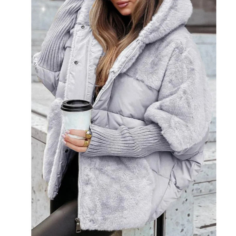 Teddy Fleece Puffer Jacket with Hood and Ribbed Cuffs