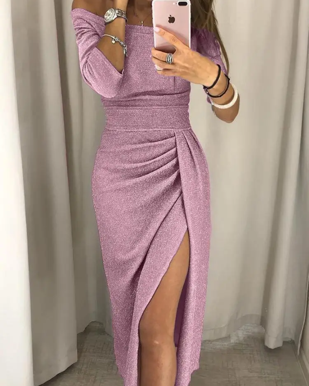 Elegant One-Shoulder Glitter Maxi Dress with High Slit