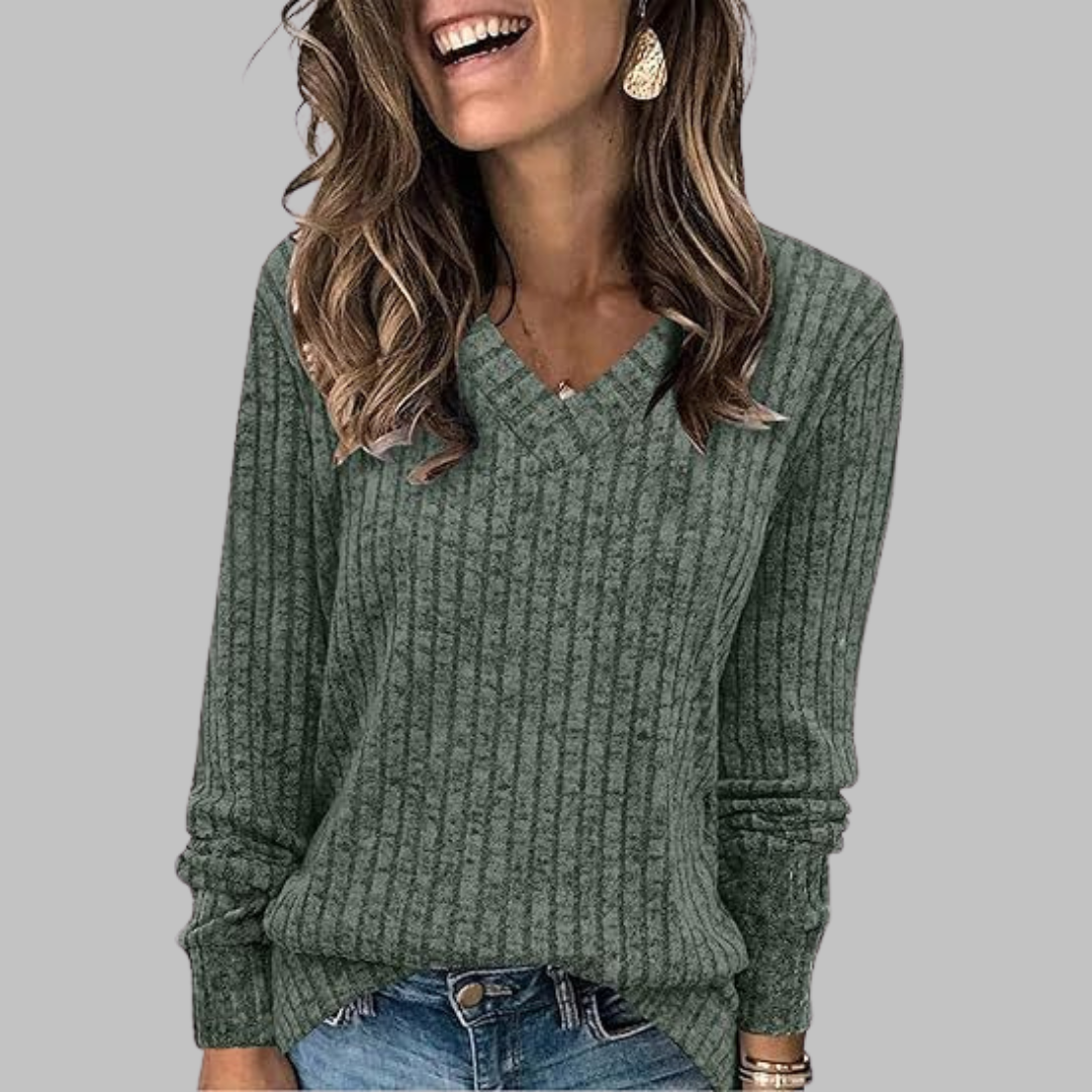 Ribbed V-Neck Long Sleeve Knit Top