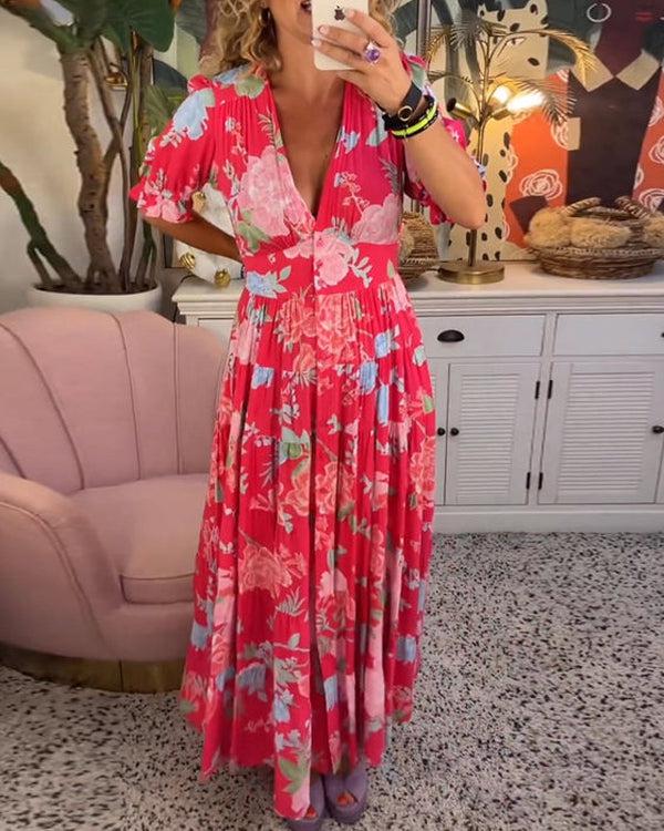 Floral V-Neck Short-Sleeve Boho Maxi Dress for Women