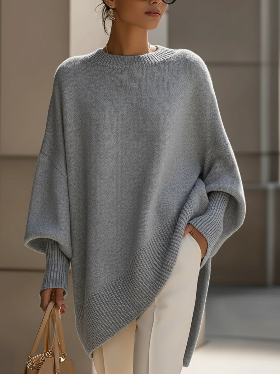 Relaxed Knit Poncho Sweater with Ribbed Cuffs