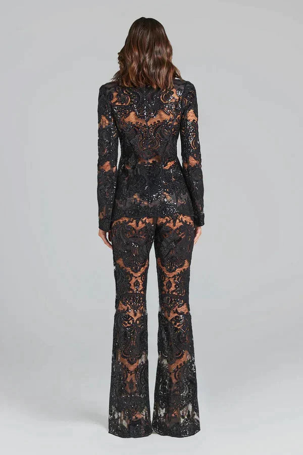 Women’s Lace Blazer and Flared Pants Two-Piece Set