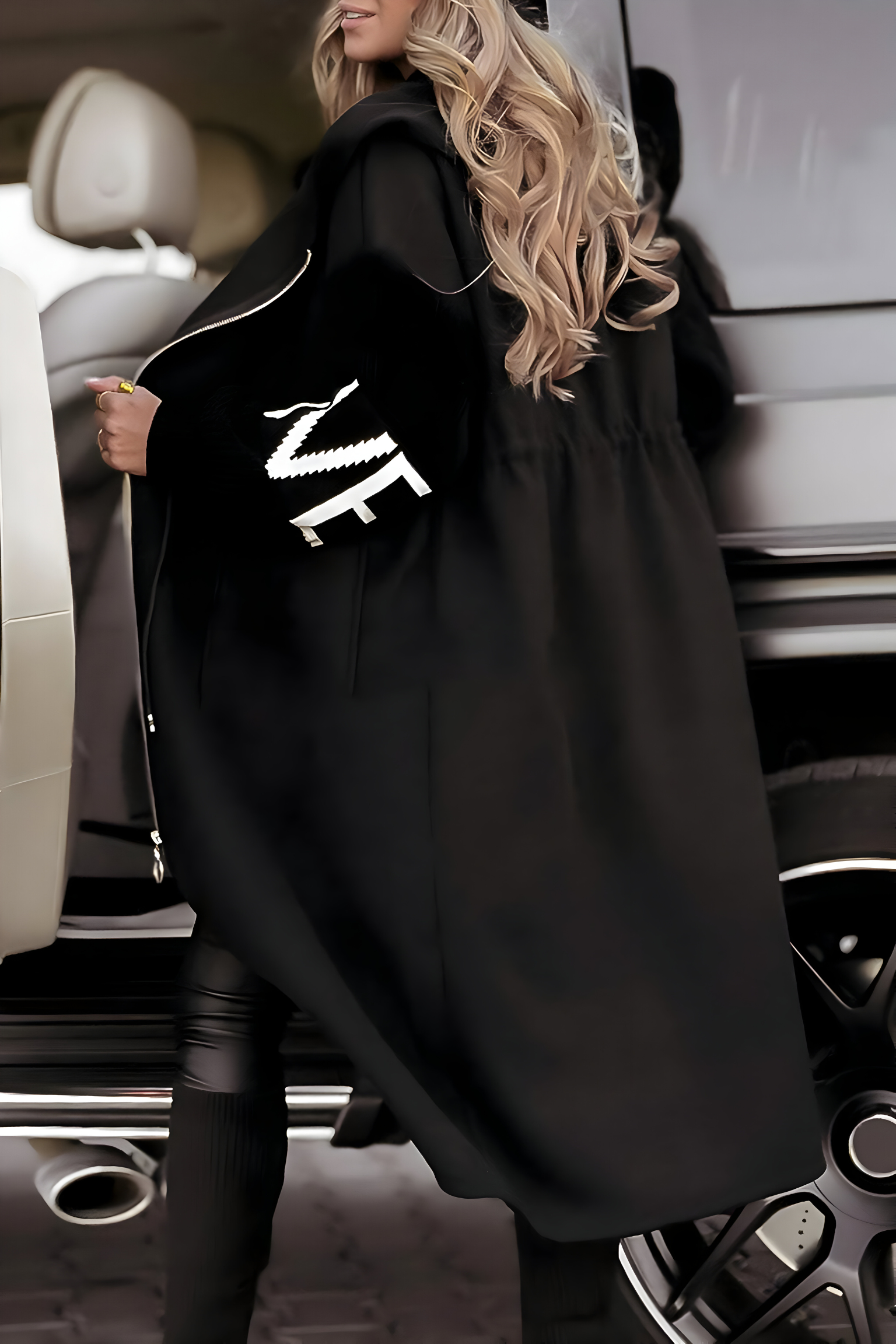 Graphic Sleeve Oversized Hooded Longline Coat