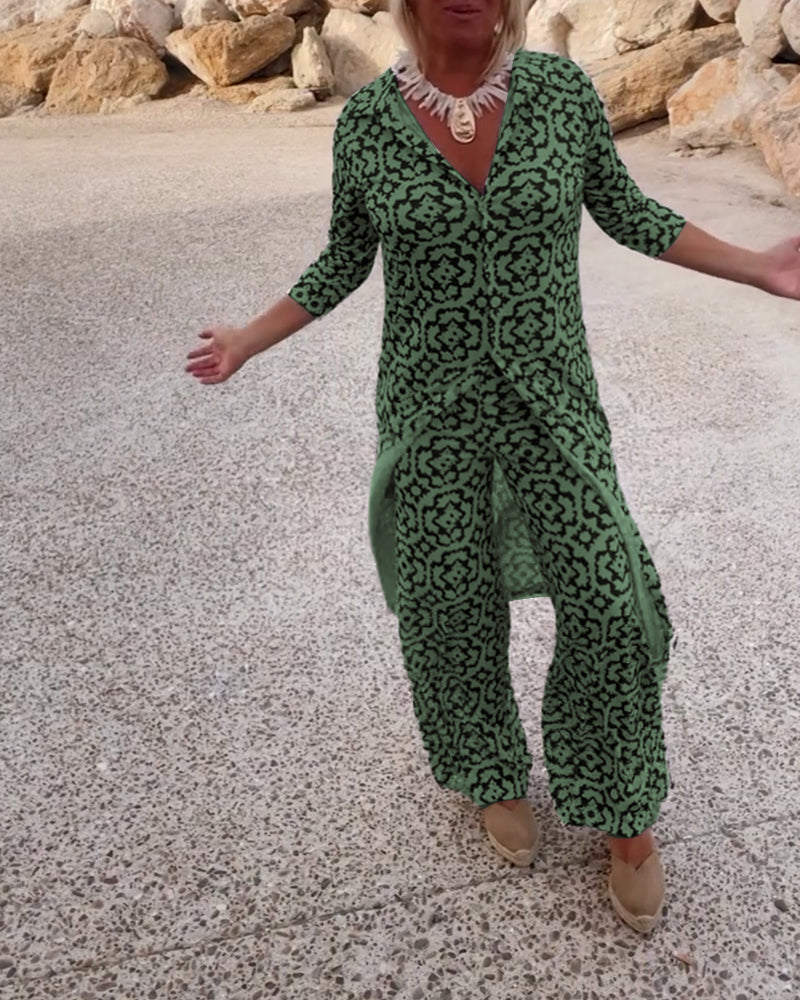 Printed Two-Piece Long Tunic Top and Wide-Leg Pants Set