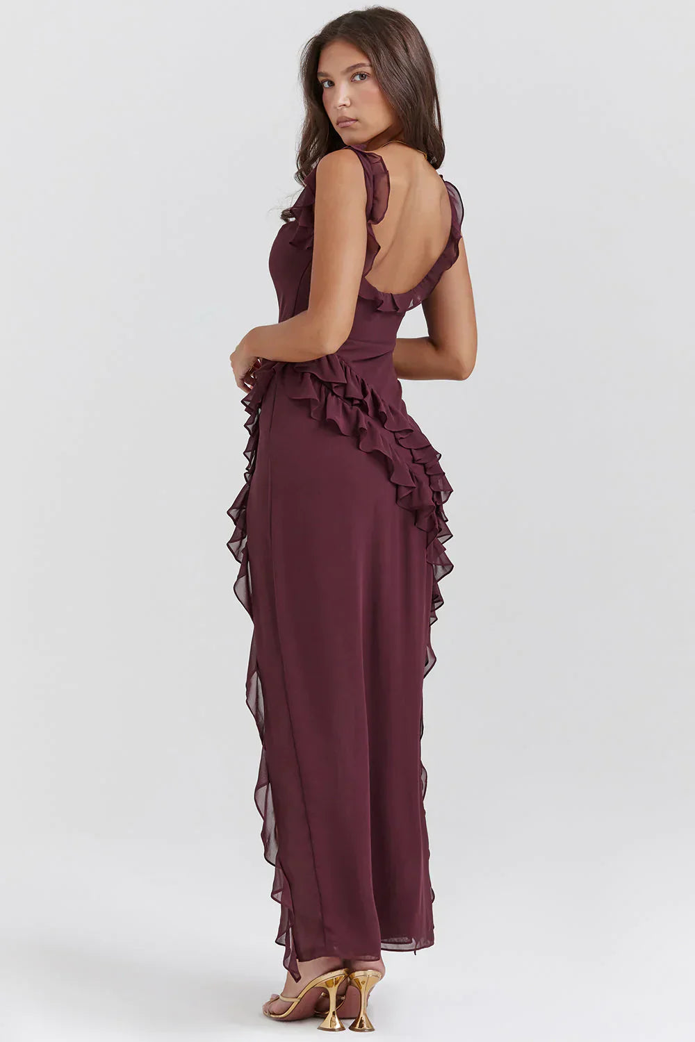One-Shoulder Ruffled Maxi Dress with High Slit