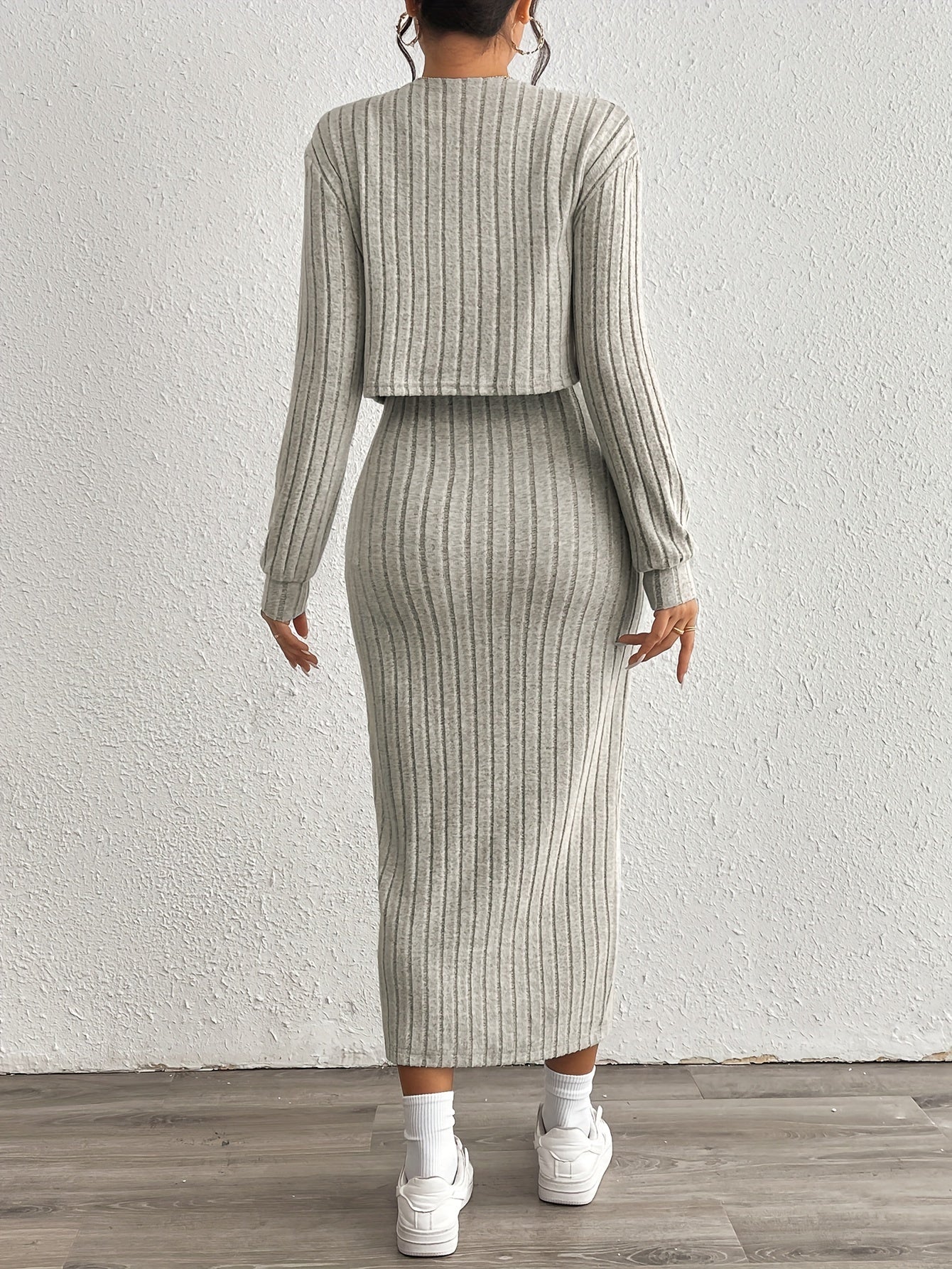 Long Sleeve Ribbed Knit Midi Dress with Side Slit for Casual Style