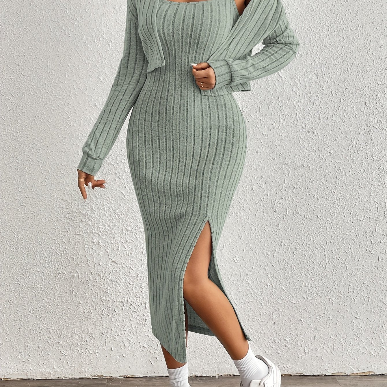 Long Sleeve Ribbed Knit Midi Dress with Side Slit for Casual Style
