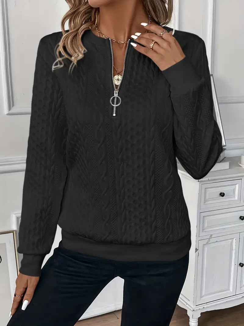 Zip Neck Cable Knit Long Sleeve Top for Casual Style