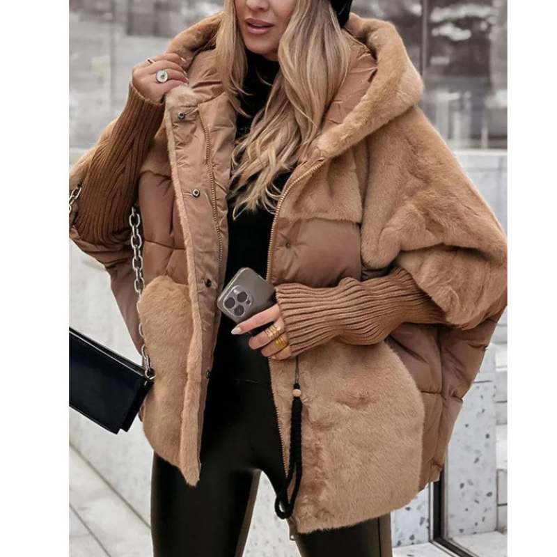 Teddy Fleece Puffer Jacket with Hood and Ribbed Cuffs