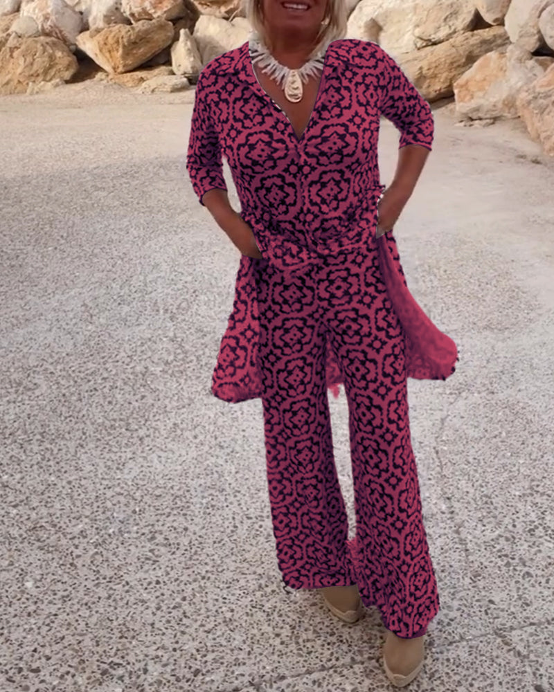 Printed Two-Piece Long Tunic Top and Wide-Leg Pants Set