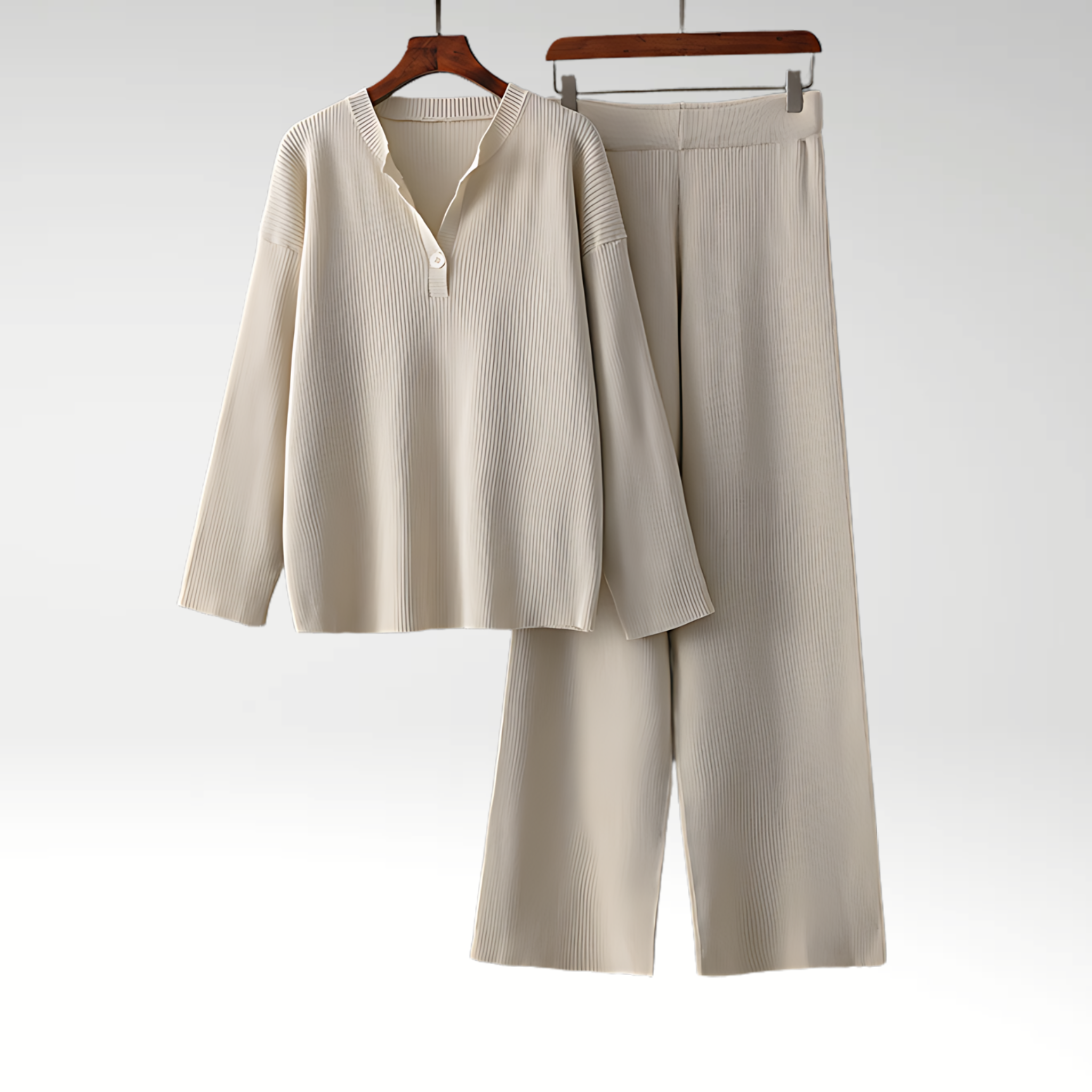 Textured Button Neck Lounge Set with Wide Leg Pants