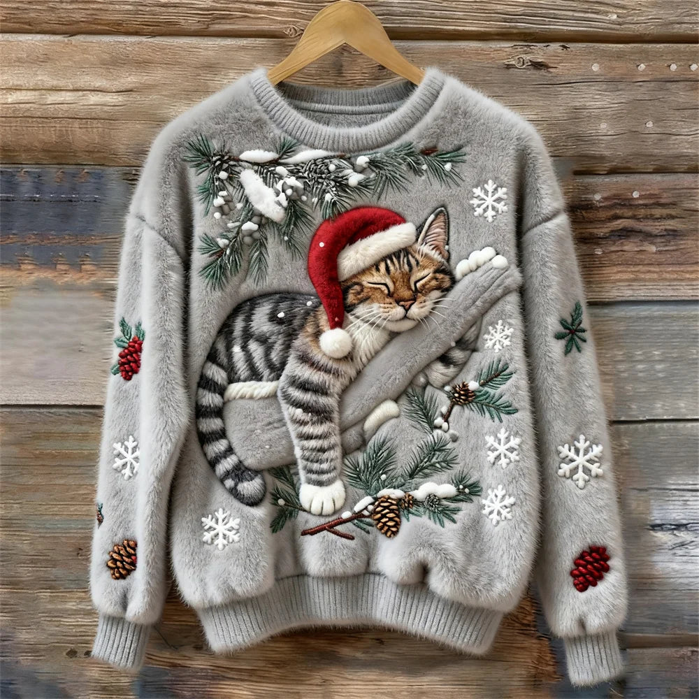 Festive Christmas Cat Knit Sweater with Santa Hat