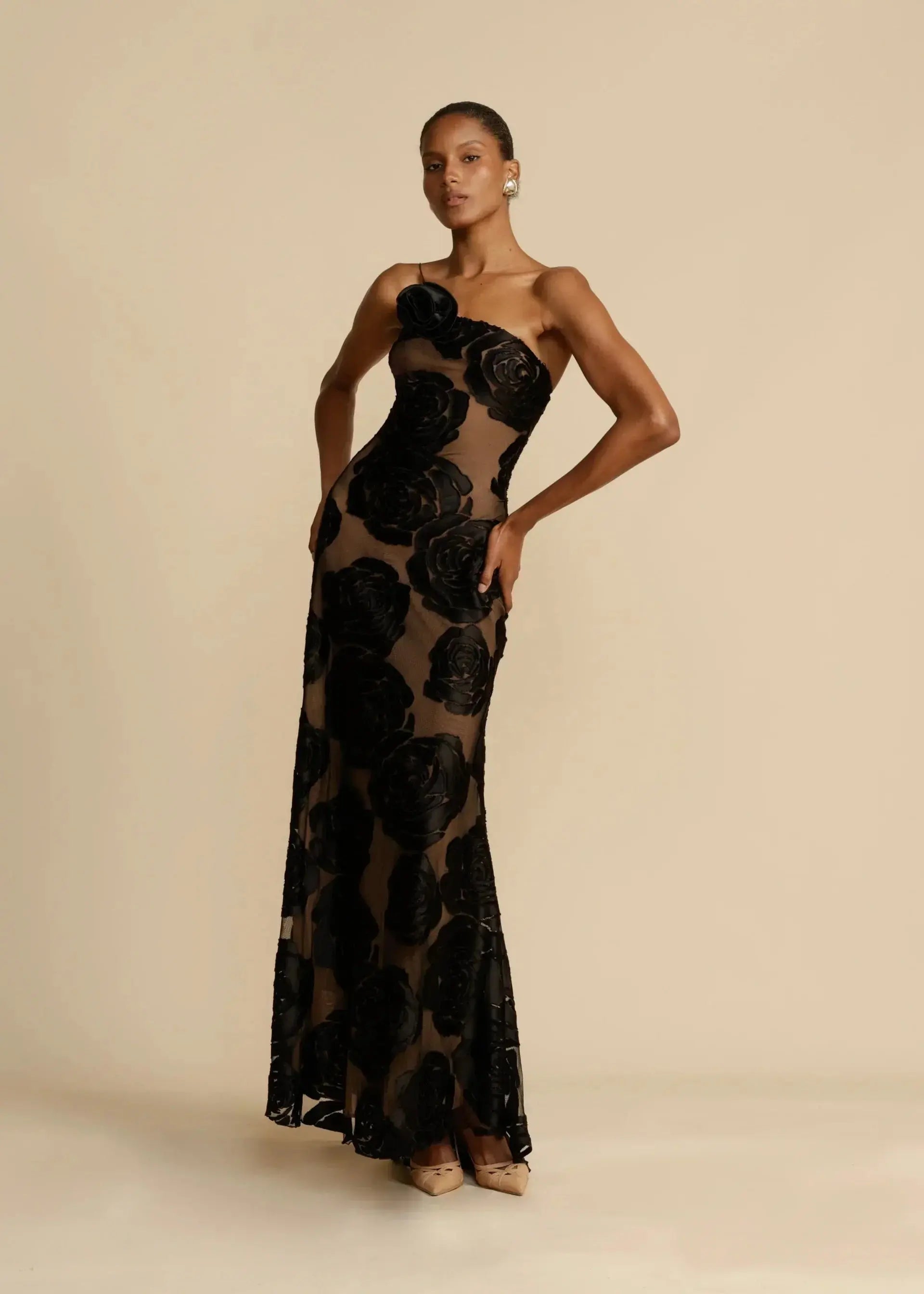 Elegant Strapless Floral Embroidered Evening Gown