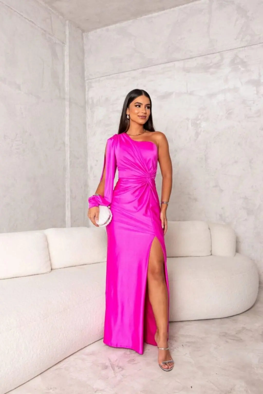 One Shoulder Satin Draped Maxi Evening Dress