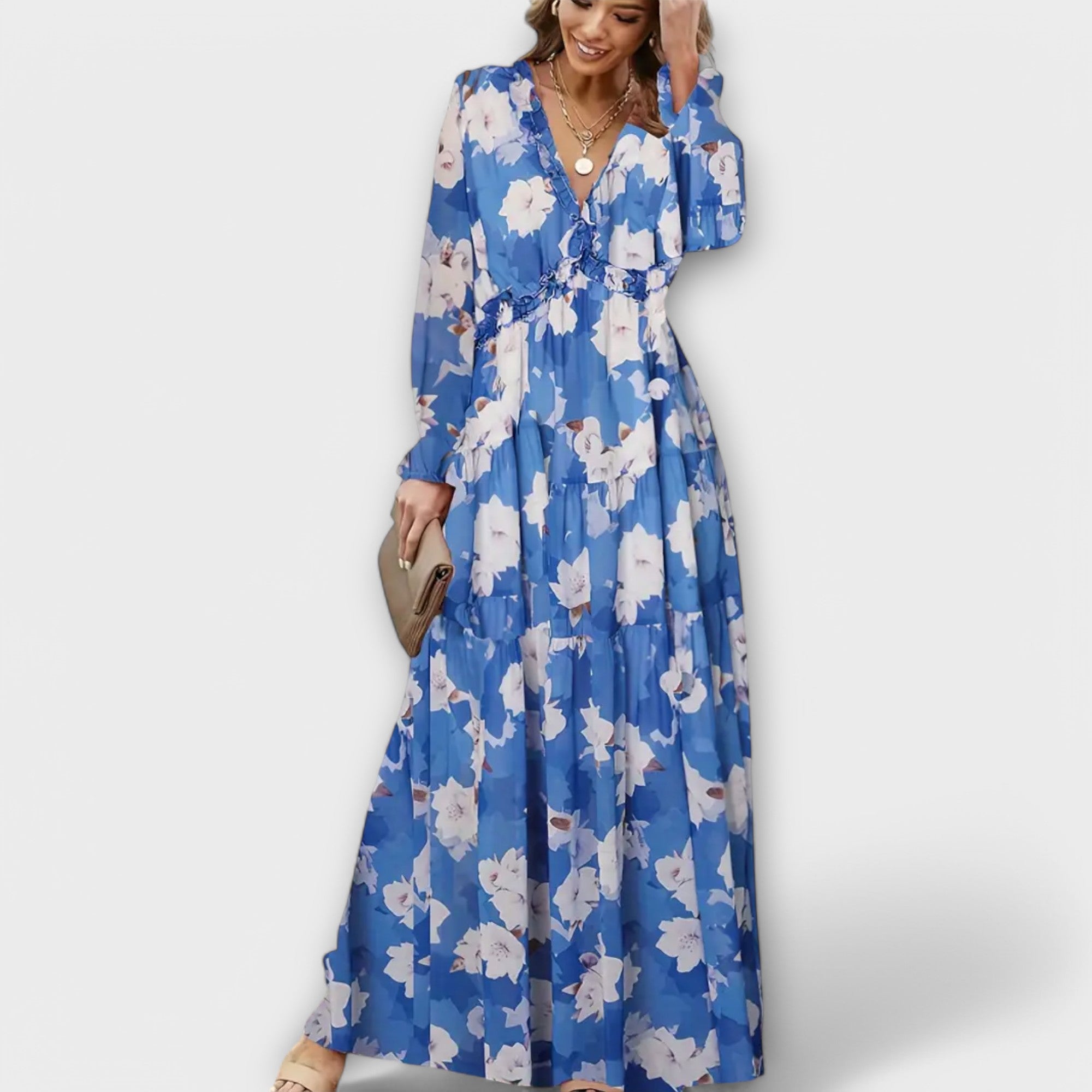 Long Sleeve Floral Maxi Dress with Flowy Boho Silhouette