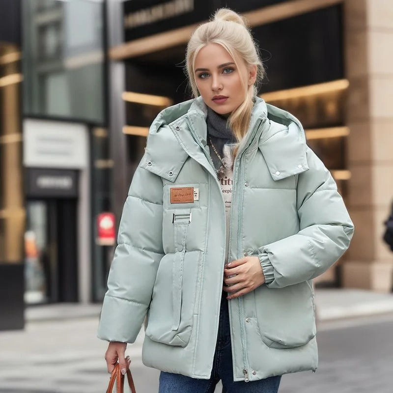 Women’s Short Puffer Jacket with Warm Insulation and Hood