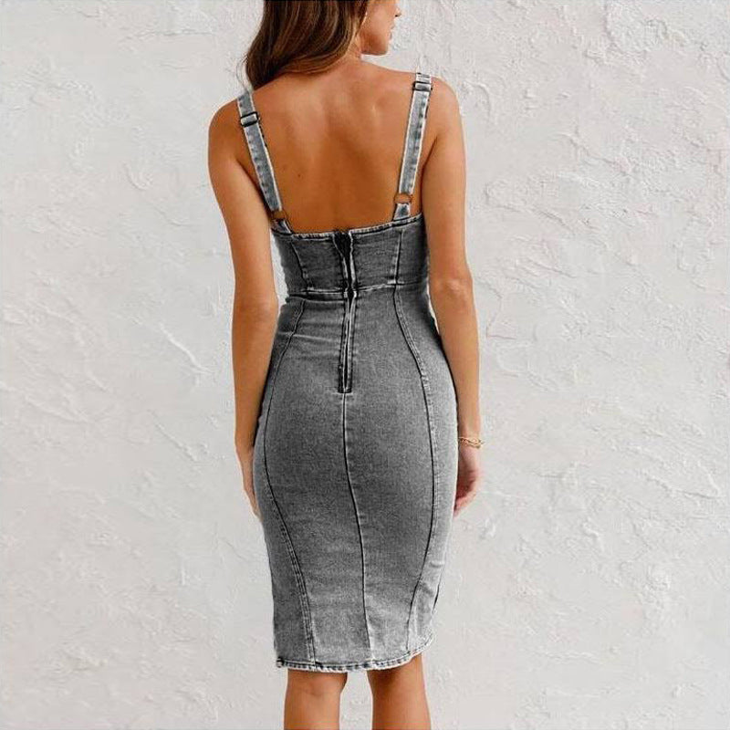 Denim Bodycon Midi Dress with Front Slit