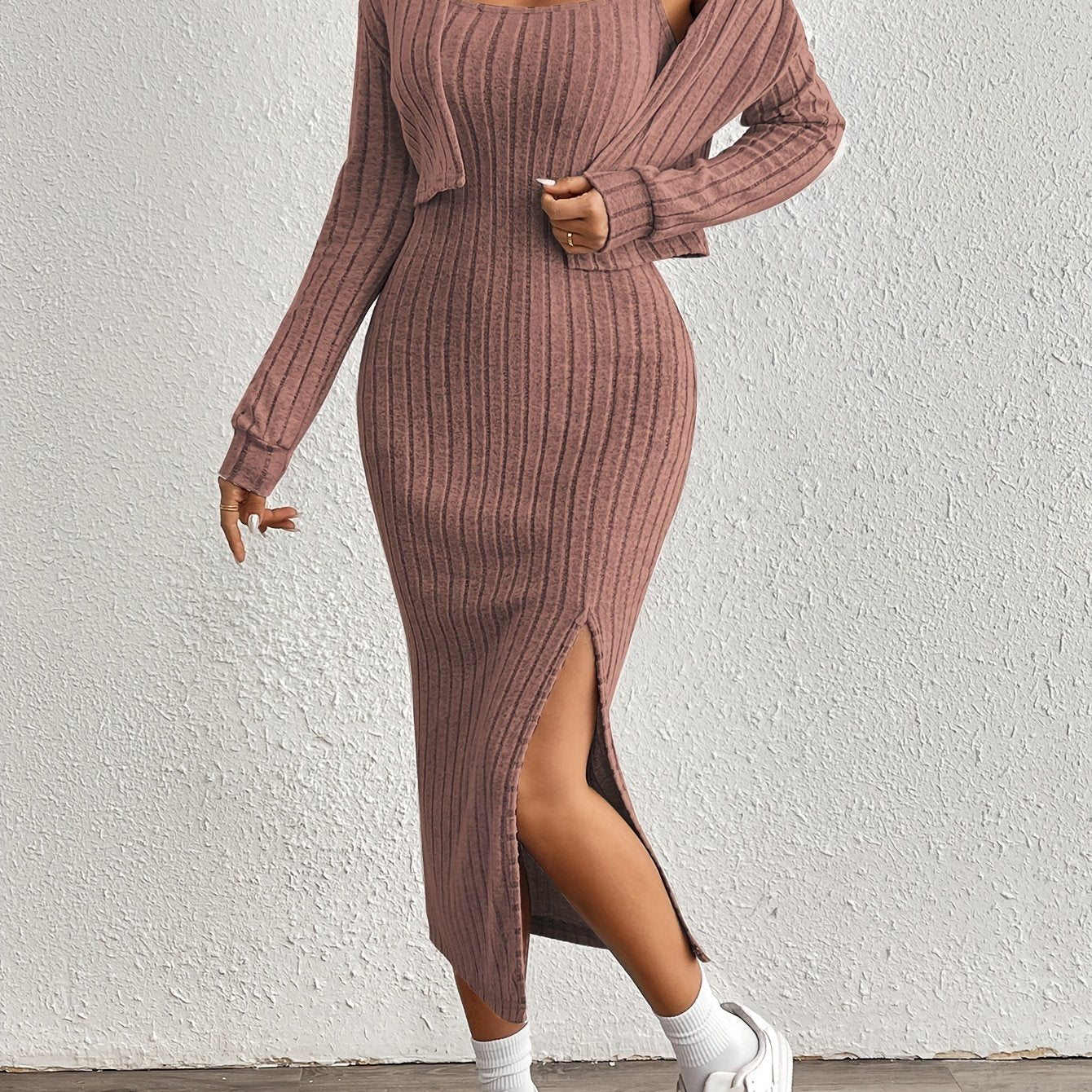 Long Sleeve Ribbed Knit Midi Dress with Side Slit for Casual Style