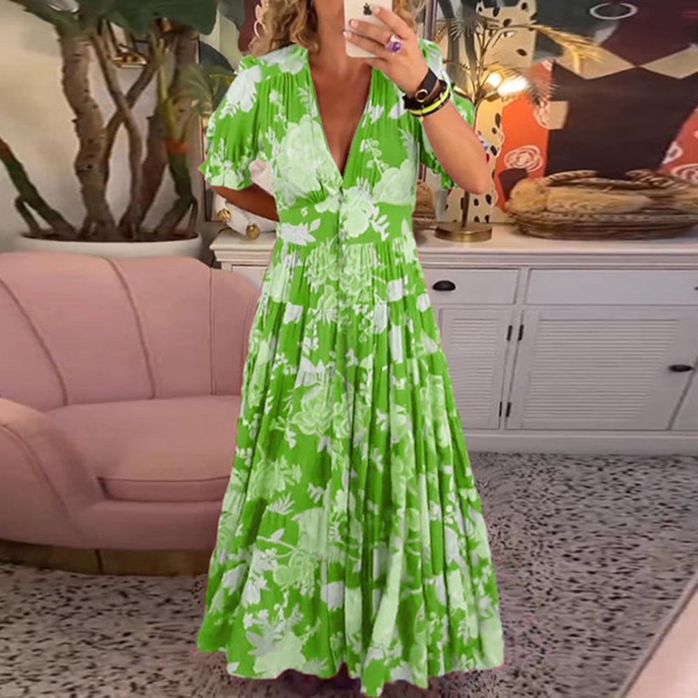 Floral V-Neck Short-Sleeve Boho Maxi Dress for Women
