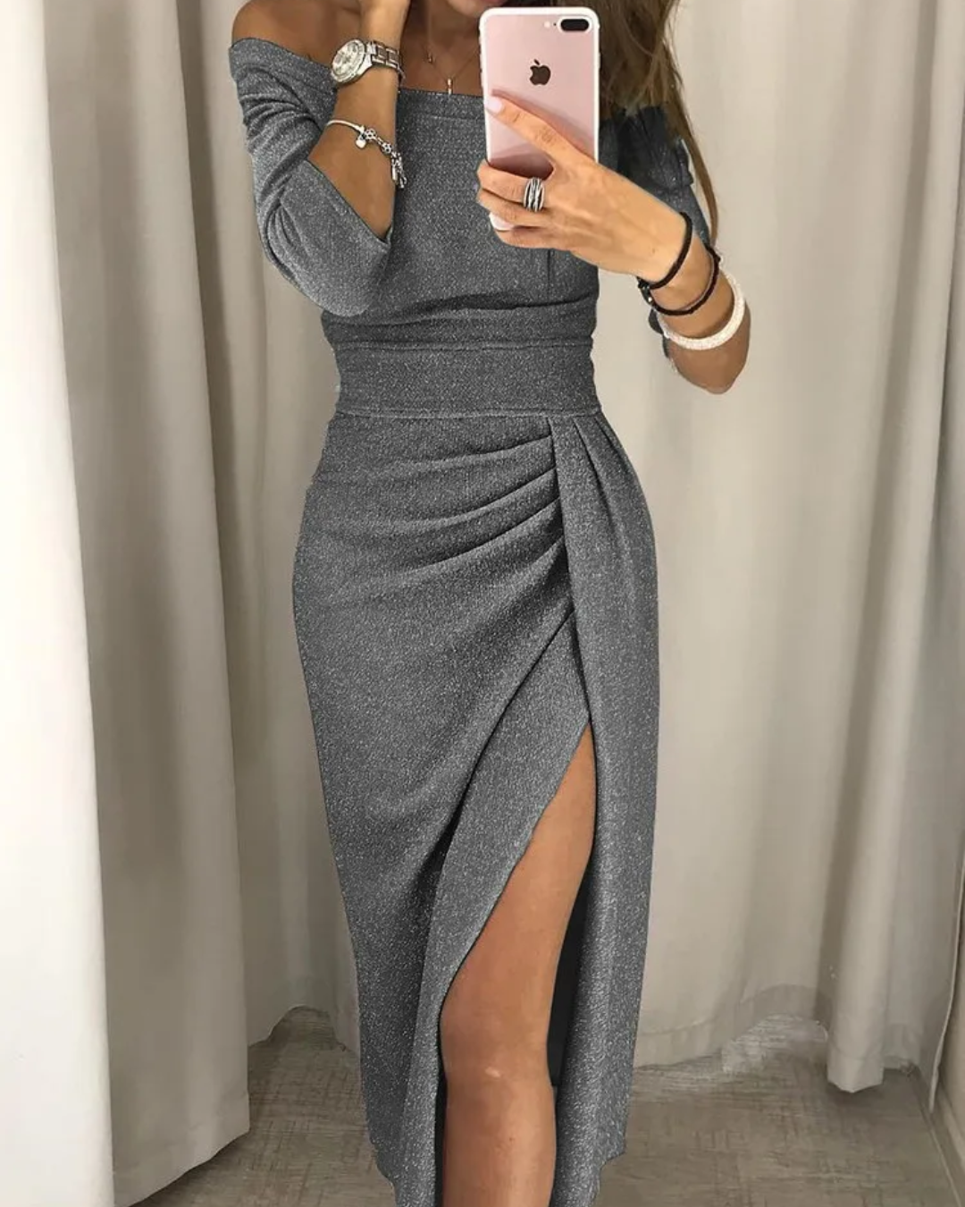 One-Shoulder Shimmer Bodycon Dress with Side Slit