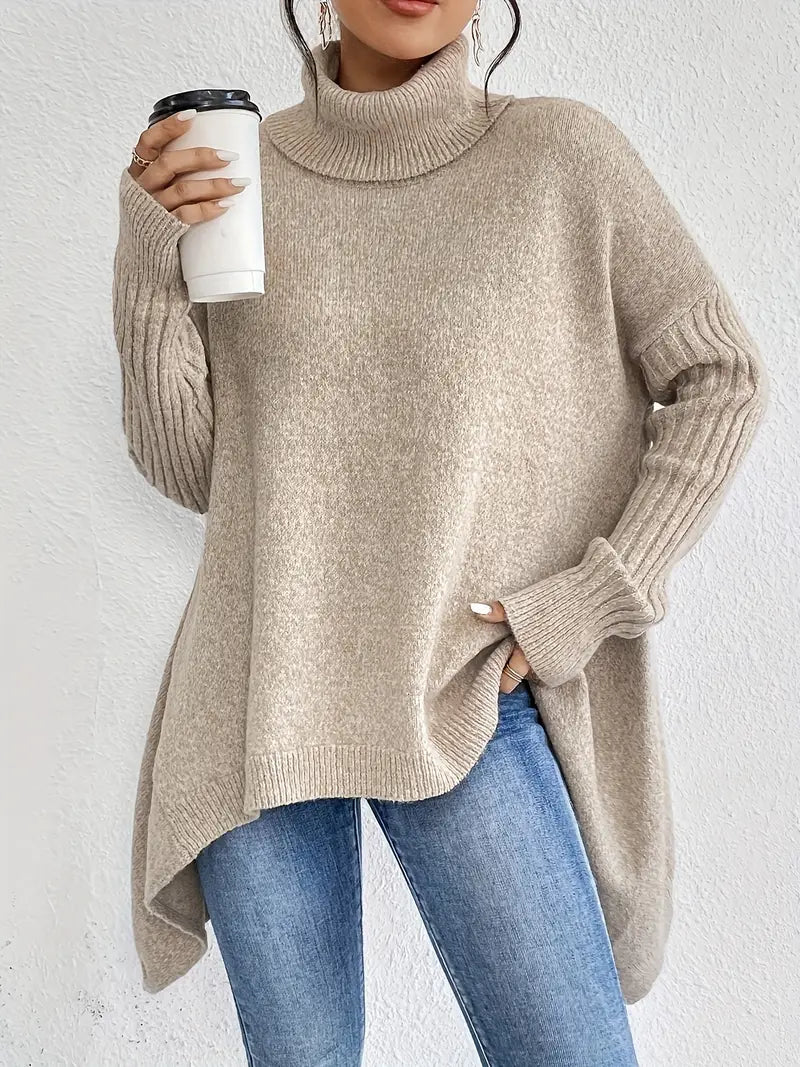 Relaxed Turtleneck Knit Sweater with Side Slit Detail