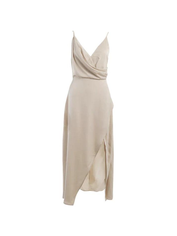 Elegant Satin Cowl Neck Slip Dress with High Slit
