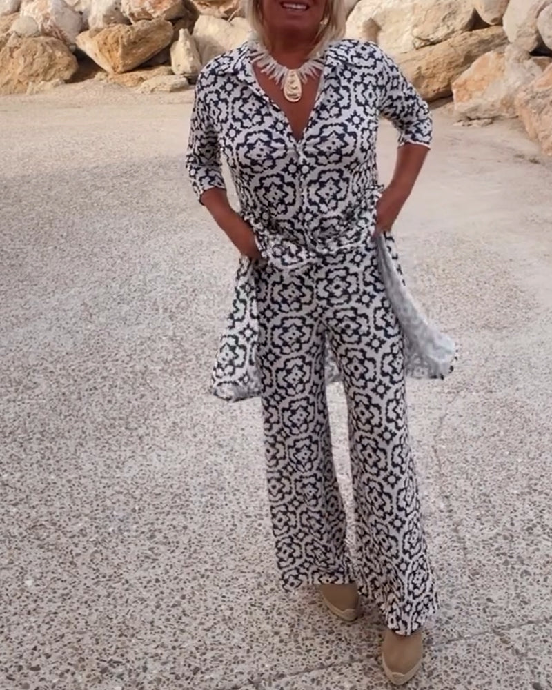 Printed Two-Piece Long Tunic Top and Wide-Leg Pants Set