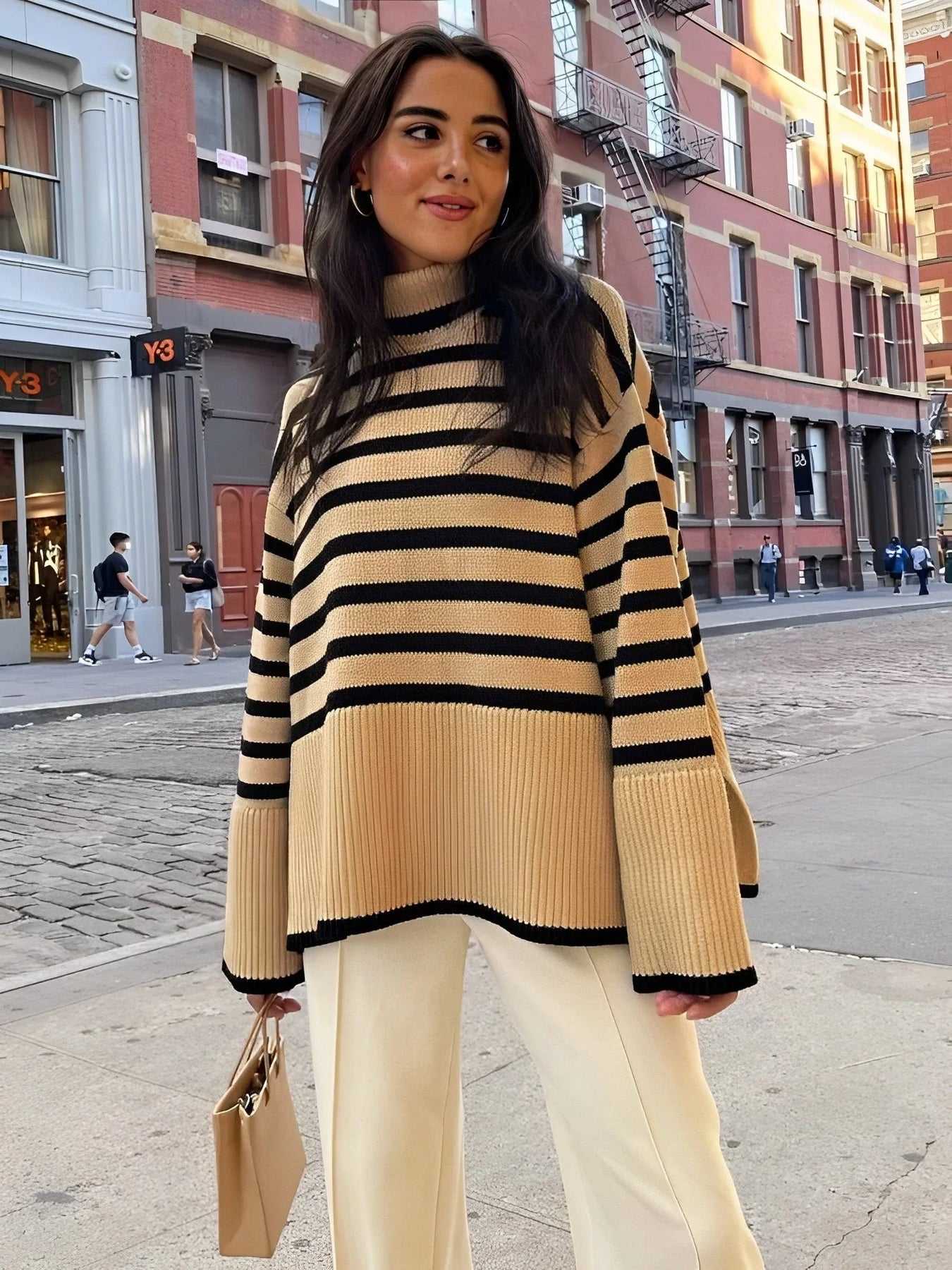 Striped Turtleneck Oversized Knit Sweater – Cozy Winter Pullover