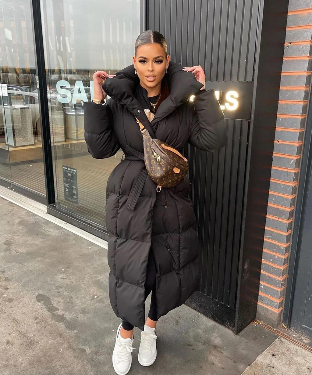 Women’s Long Belted Puffer Coat – Ultra-Warm Hooded Winter Jacket