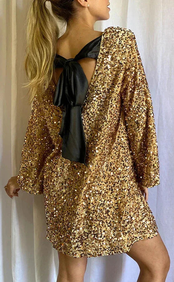 Sequin Bow Back Long Sleeve Mini Dress