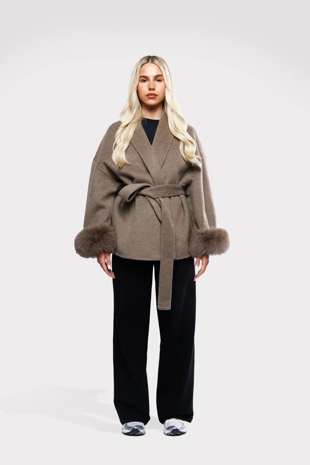 Faux Fur Cuff Belted Wool-Blend Winter Coat