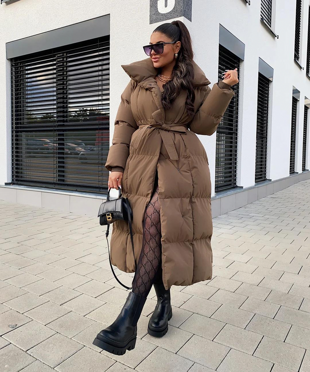 Women’s Long Belted Puffer Coat – Ultra-Warm Hooded Winter Jacket