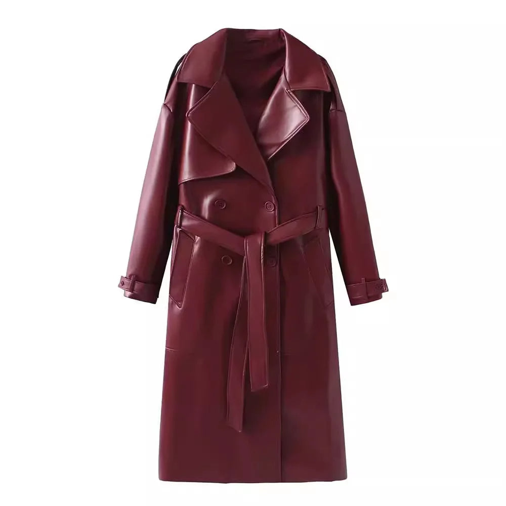 Long Faux Leather Trench Coat for Women