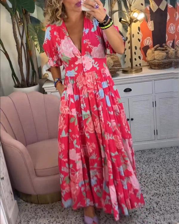 Floral V-Neck Short-Sleeve Boho Maxi Dress for Women