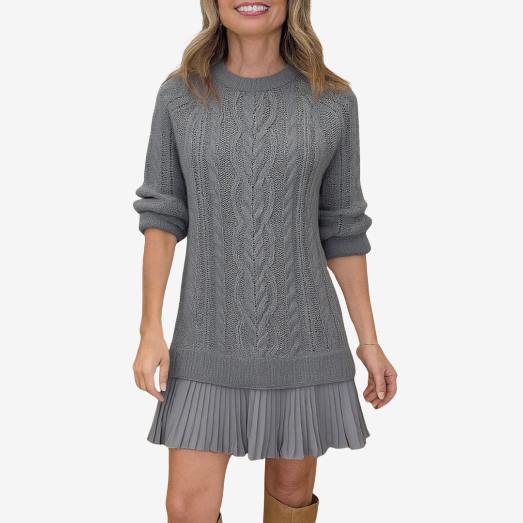Cable Knit Sweater Dress with Layered Hem